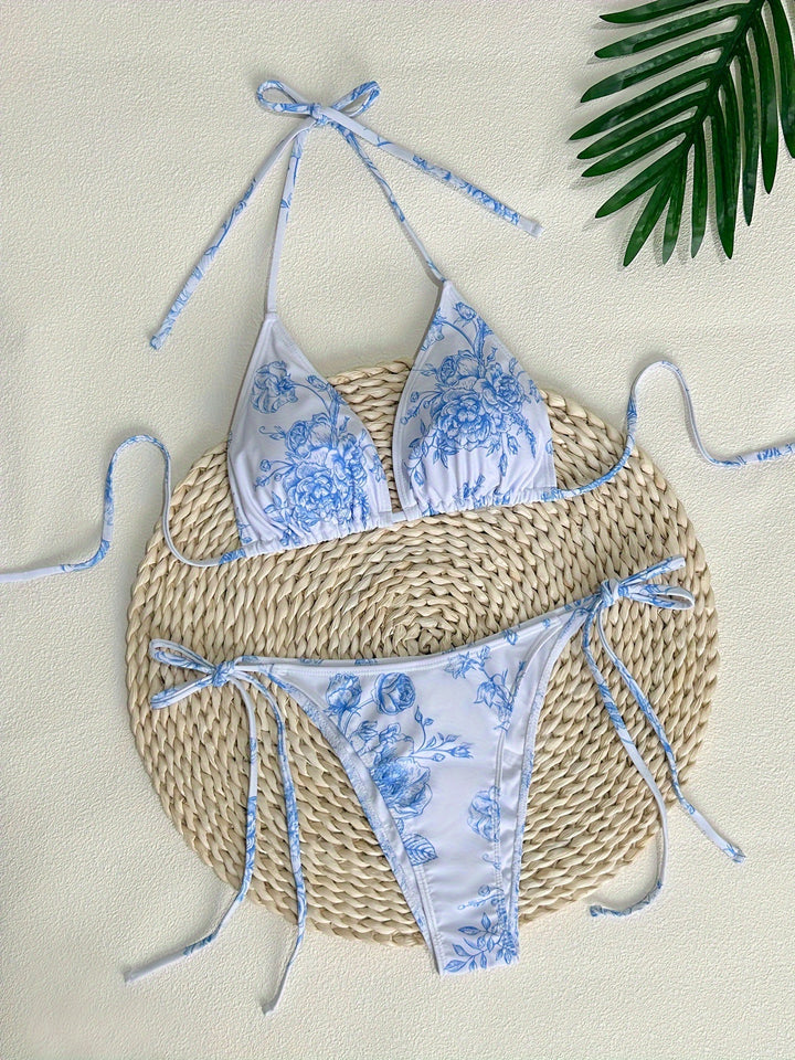 Dame Triangel-Bikini-Sæt med blomsterprint og justerbare stropper Stilla