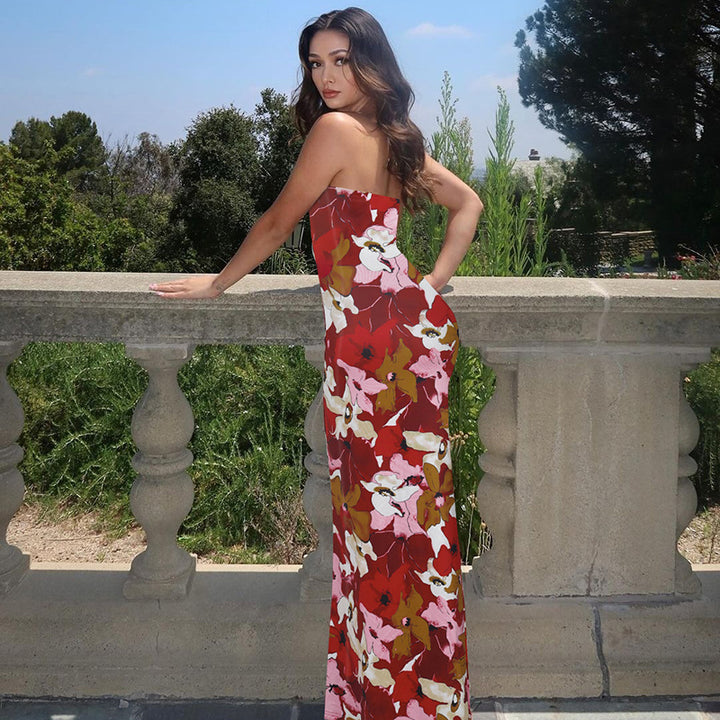 Dame Floral Maxi-Kjole med stropløs design og figursyende snit Stilla