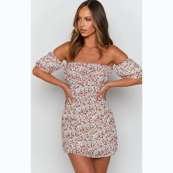 Women Off-Shoulder Mini Dress with Voluminous Sleeves and Floral Design