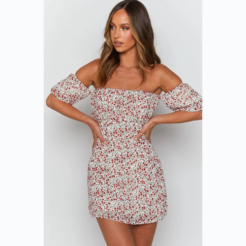 Women Off-Shoulder Mini Dress with Voluminous Sleeves and Floral Design