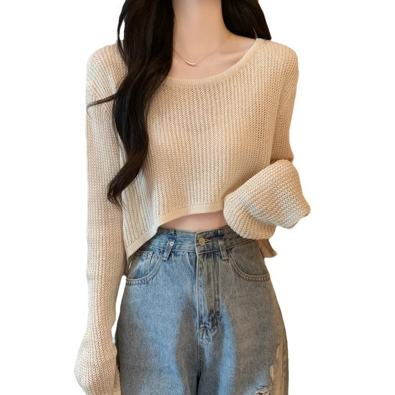 Dame Cropped Striktrøje med Fin Vævning og Casual Skulderområder