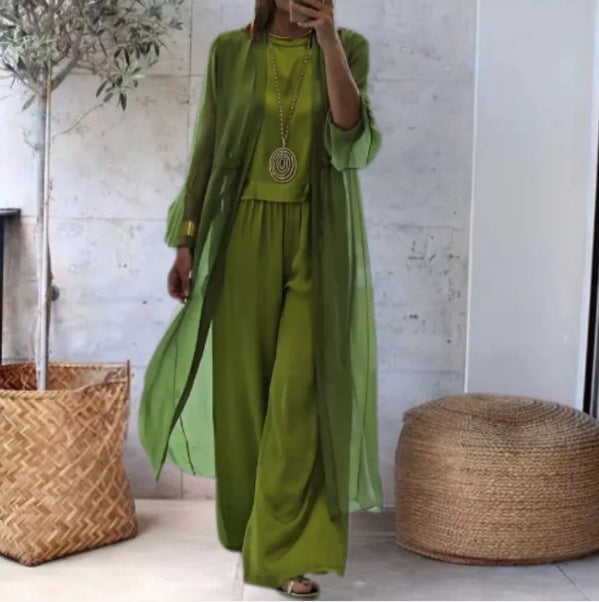 Damer nan elegant chiffon sæt med bredt skåret palazzo-bukser og lang kimono-overdel Skovae