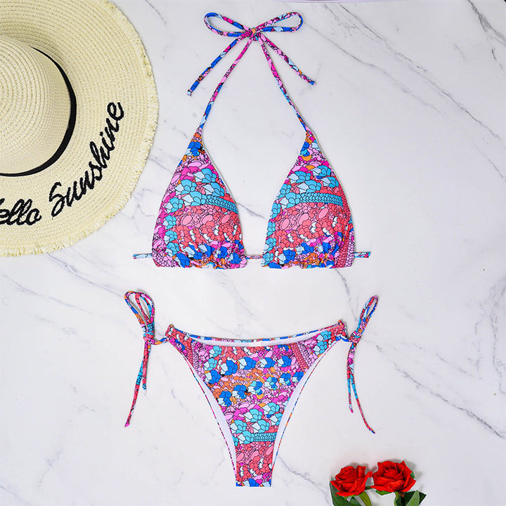 Dame triangel-bikini-sæt med legende blomsterdesign og justerbare bindebånd Stilla