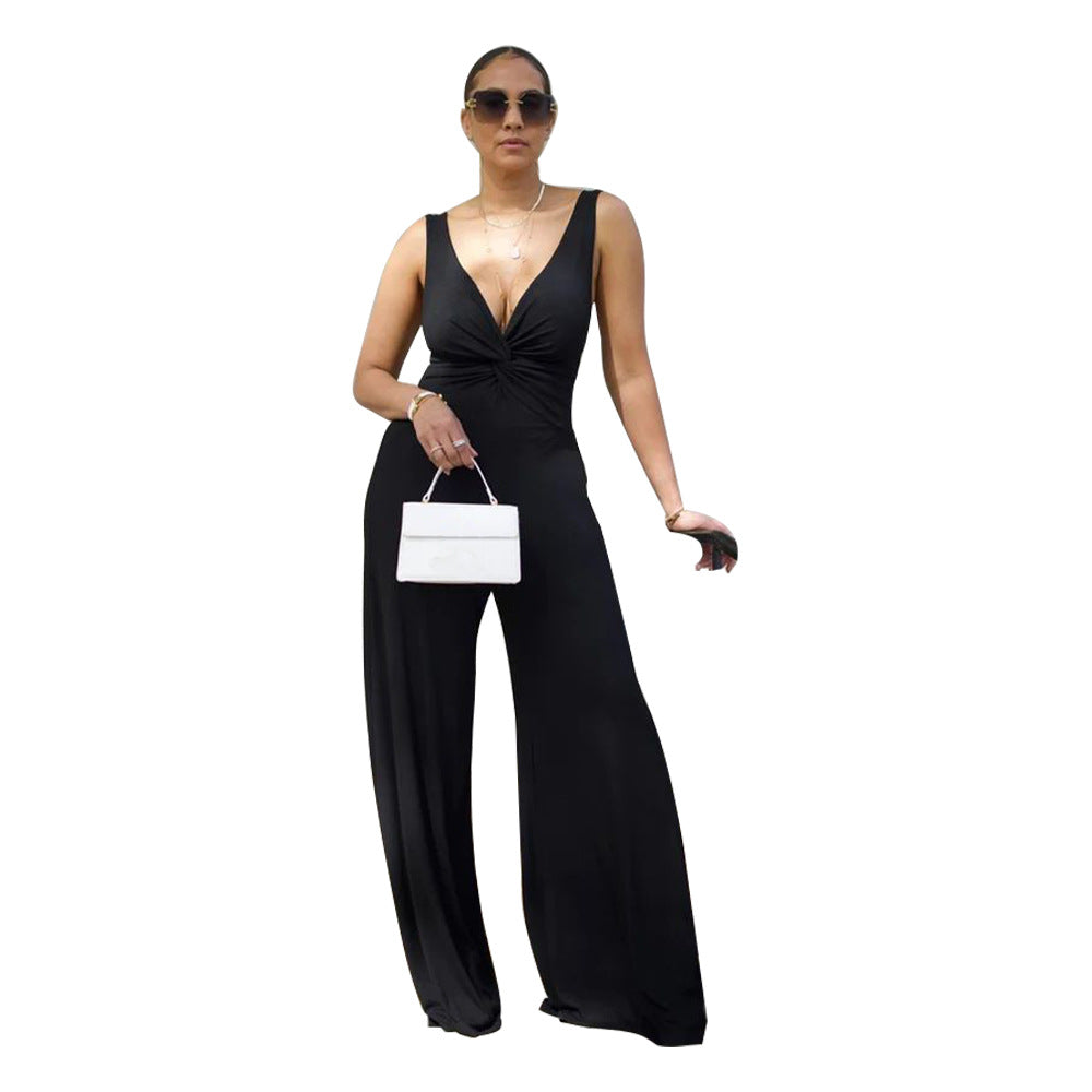 Dame elegant V-hals jumpsuit med bred ben og figursyet design Stilla