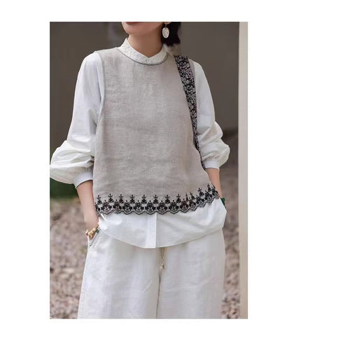 Kvinde Broderet Linned Lagdelt Vest Stilla