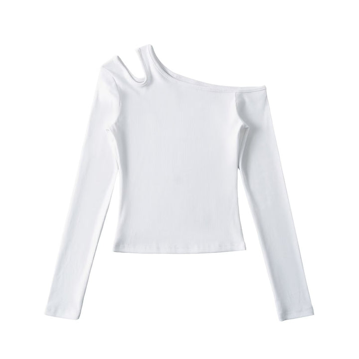 Dame asymmetrisk langærmet skjorte med off-shoulder design og kvalitets ribmateriale Stilla