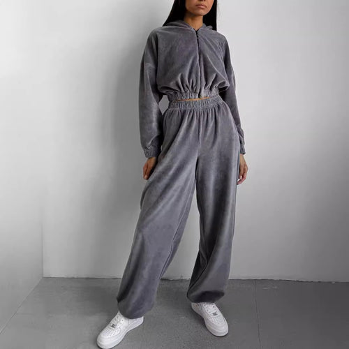 Kvinders Sporty Fleece Sæt med Lynlås og Elastisk Talje Skovae