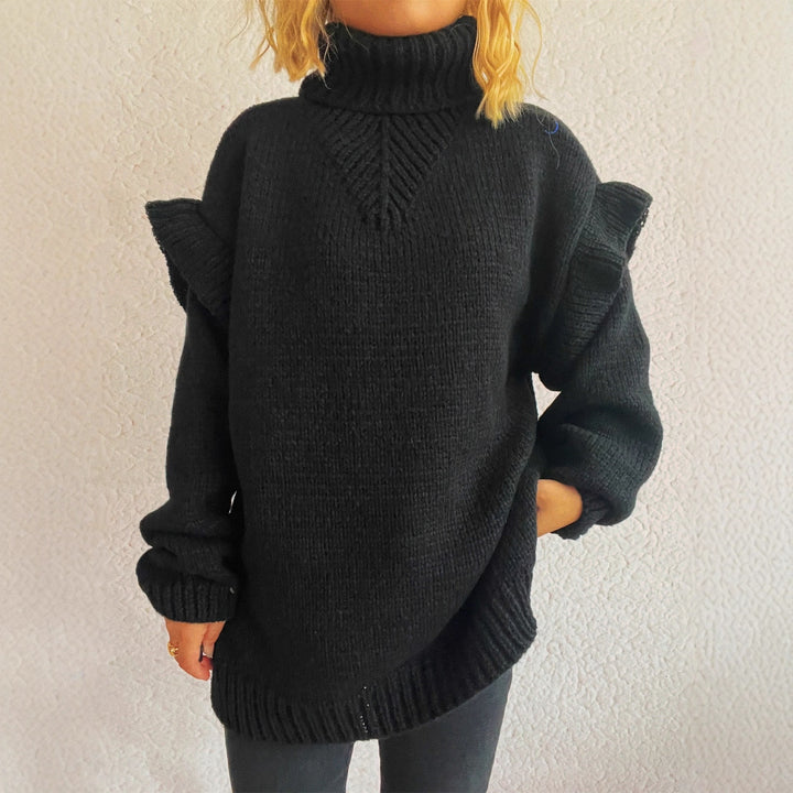 Kvinders strikket sweater med volangdetaljer og høj krave Stilla