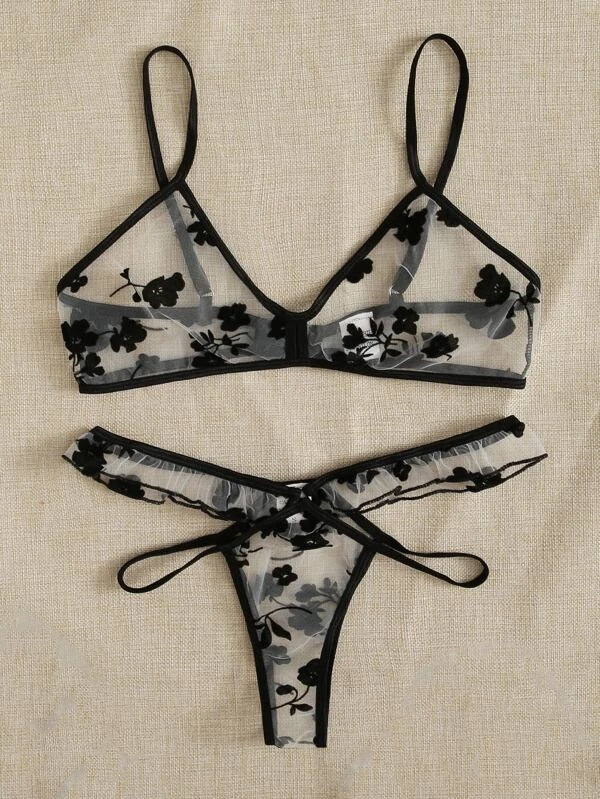 Dame floral broderet mesh undertøjsæt Stilla 1752573505