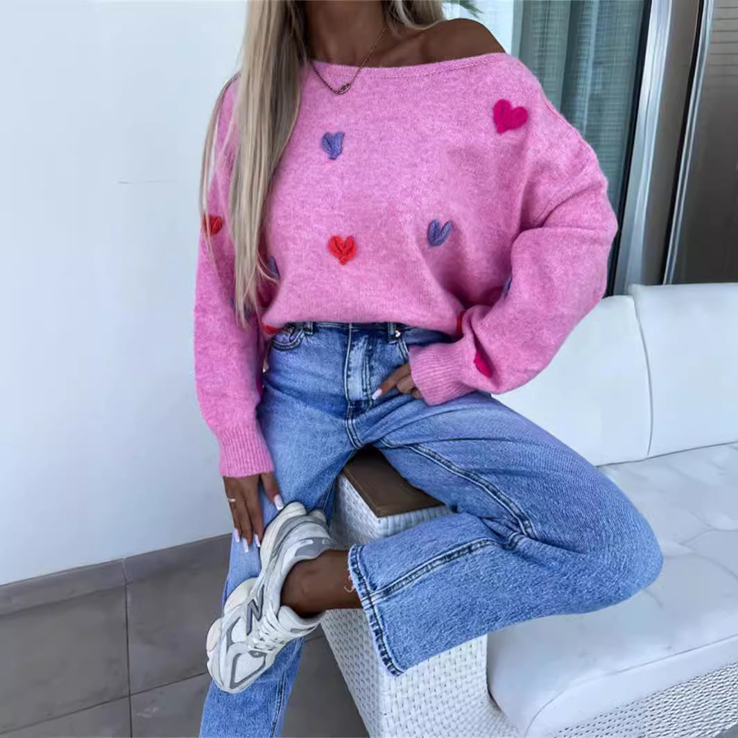 Kvinders afslappede sweater med farverige hjerte motiver Stilla