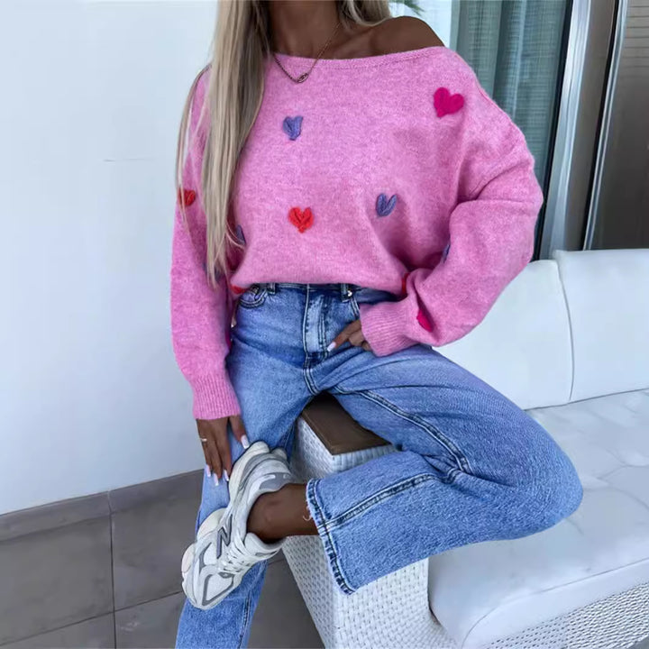 Kvinders afslappede sweater med farverige hjerte motiver Stilla