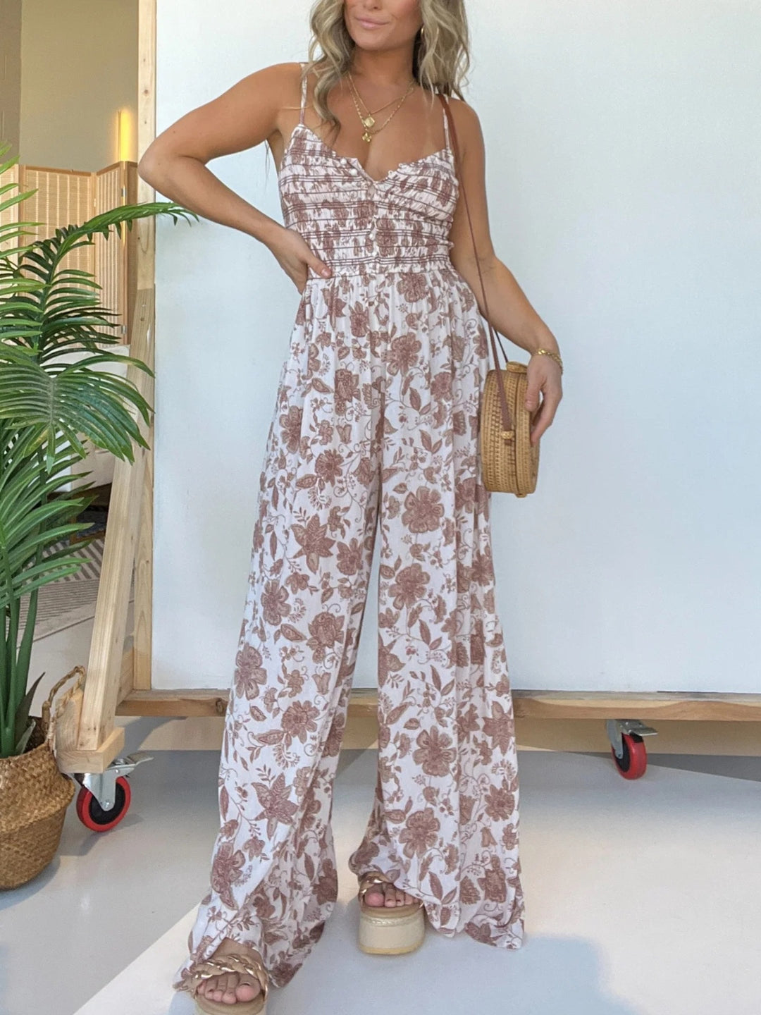 Dame luftig jumpsuit med blomstermønster og elastisk talje Stilla