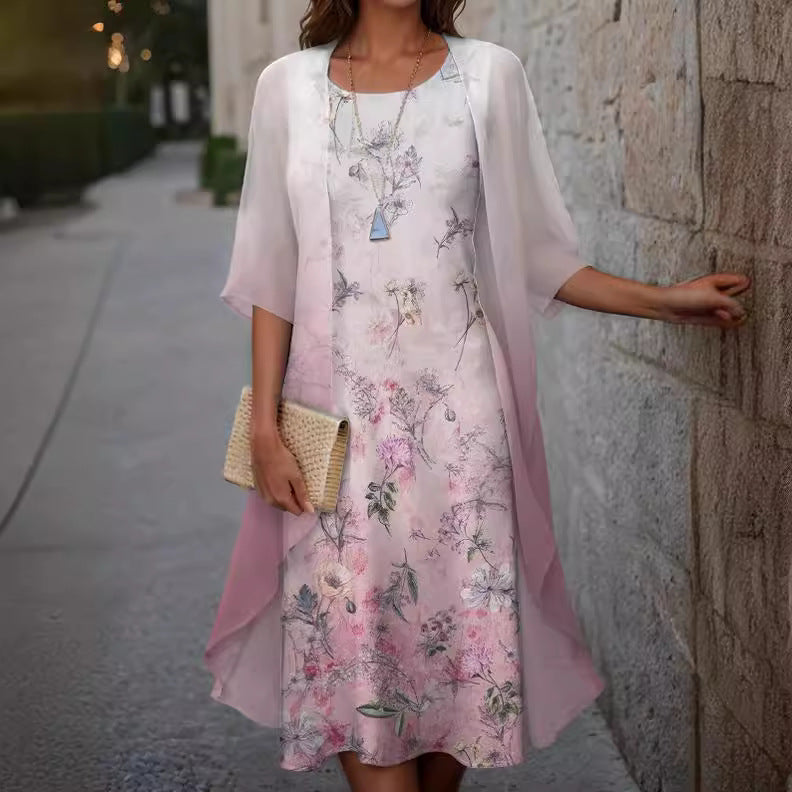 Dame elegant maxikjole med gennemsigtig chiffonoverdel og blomsterprint Stilla