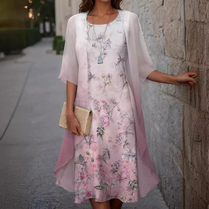 Dame elegant maxikjole med gennemsigtig chiffonoverdel og blomsterprint Stilla