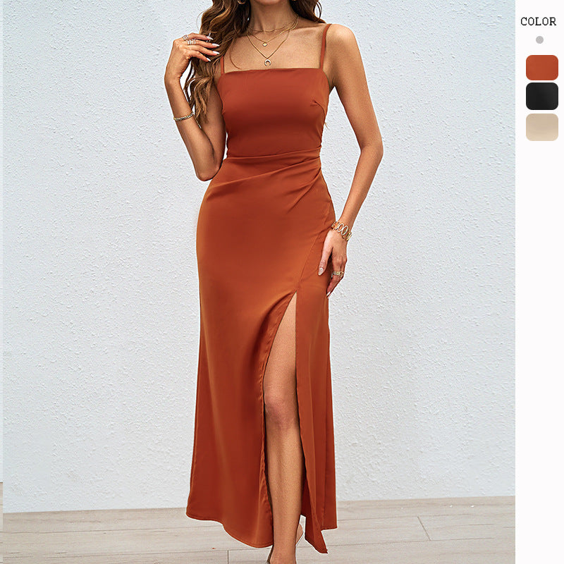 Kvinder Elegant Satin Maxi Kjole med Høj Slids og Spaghetti Remme Stilla