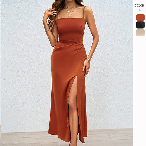 Kvinder Elegant Satin Maxi Kjole med Høj Slids og Spaghetti Remme Stilla