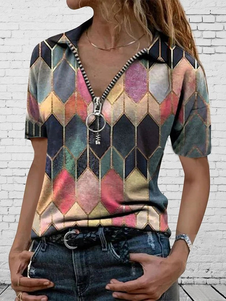 Dame mode kortærmet T-shirt med lynlås og geometrisk mønster Stilla