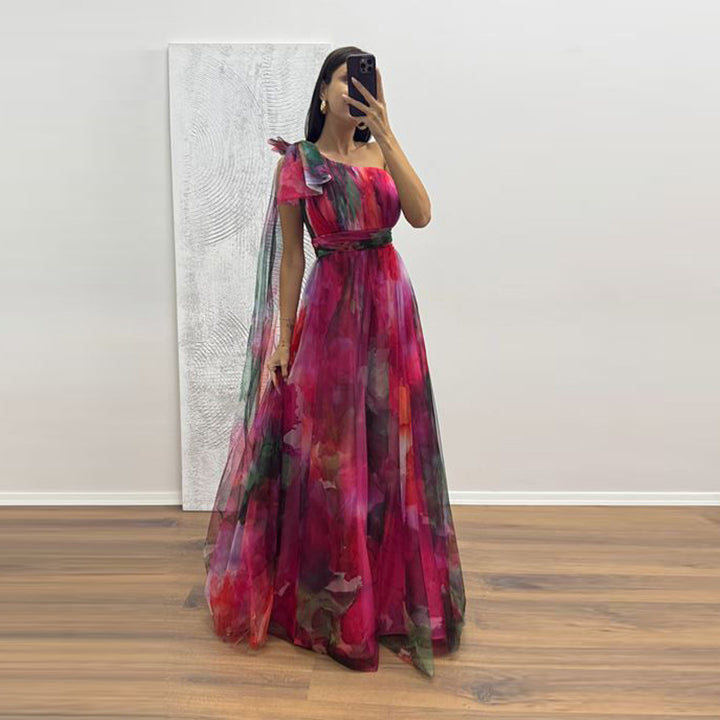 Dame festlig maxi kjole med gennemsigtige chiffon-overlæggere og fine flæse-design