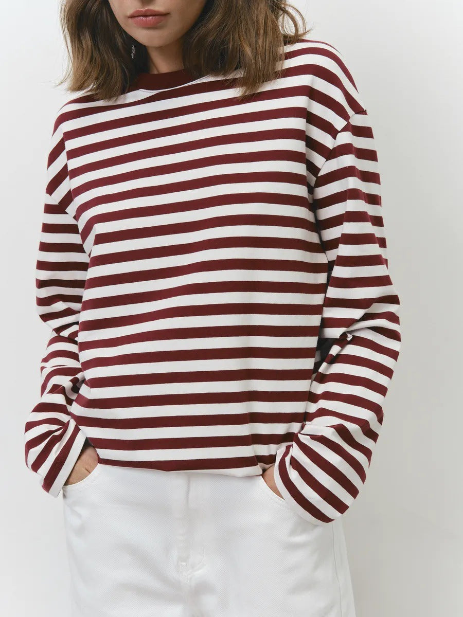 Kvindernes behagelige stribede T-shirt med lange ærmer Skovae