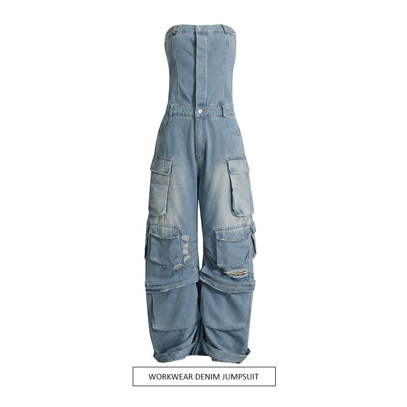 Stilla | Multi Pocket Ripped Waist Slimming Sexy Tube Top Tooling Denim Jumpsuit Kvinder