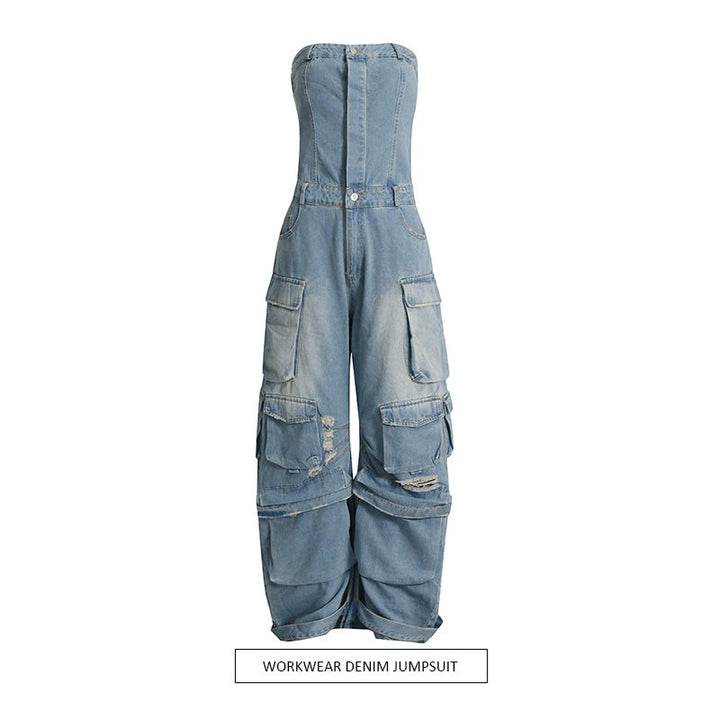 Stilla | Multi Pocket Ripped Waist Slimming Sexy Tube Top Tooling Denim Jumpsuit Kvinder