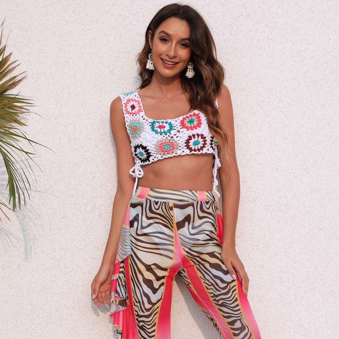 Dame hæklet Crop-Top med farverige blomstermotiver Skovae