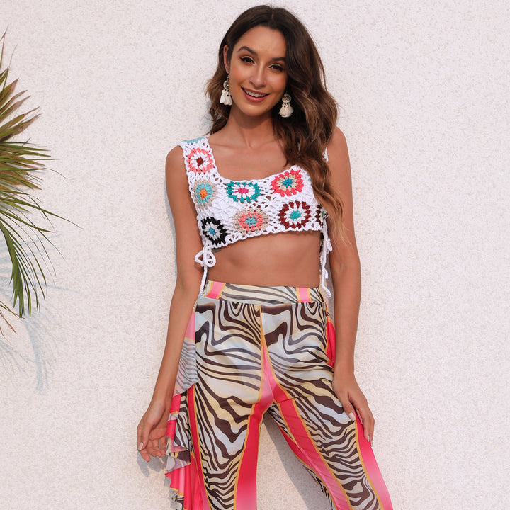 Dame hæklet Crop-Top med farverige blomstermotiver Skovae