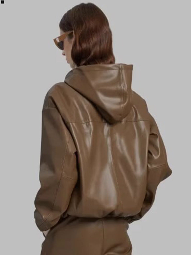 Dame høj kvalitet Oversized Jakke i bæredygtigt kunstlæder med hætte og elastisk bund Stilla