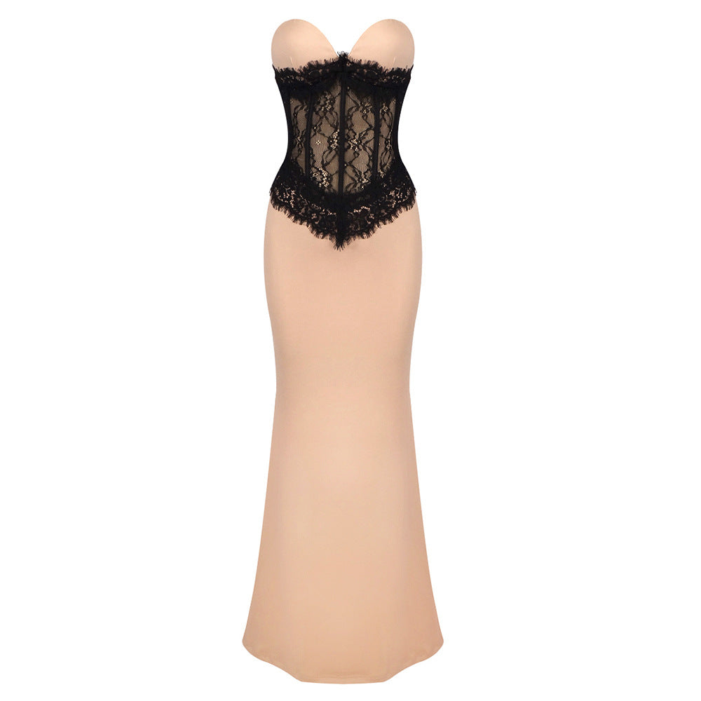 Dame aften kjole med elegant bustier og blomsterprint spids top Skovae