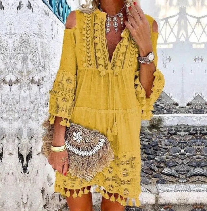 Dame Boho-tunika med spidsdetaljer og åbne skuldre Stilla