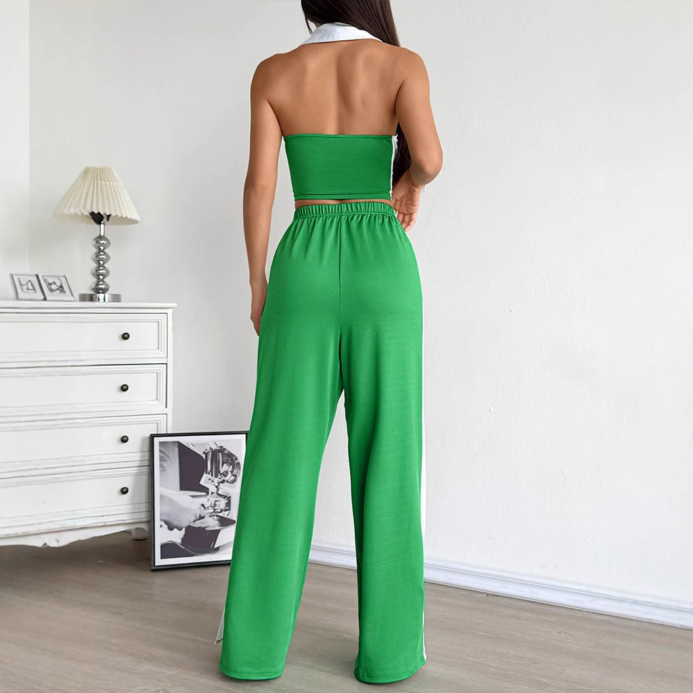 Dame To-delt Sæt med cropped Top og vidt snittet Bukser Skovae