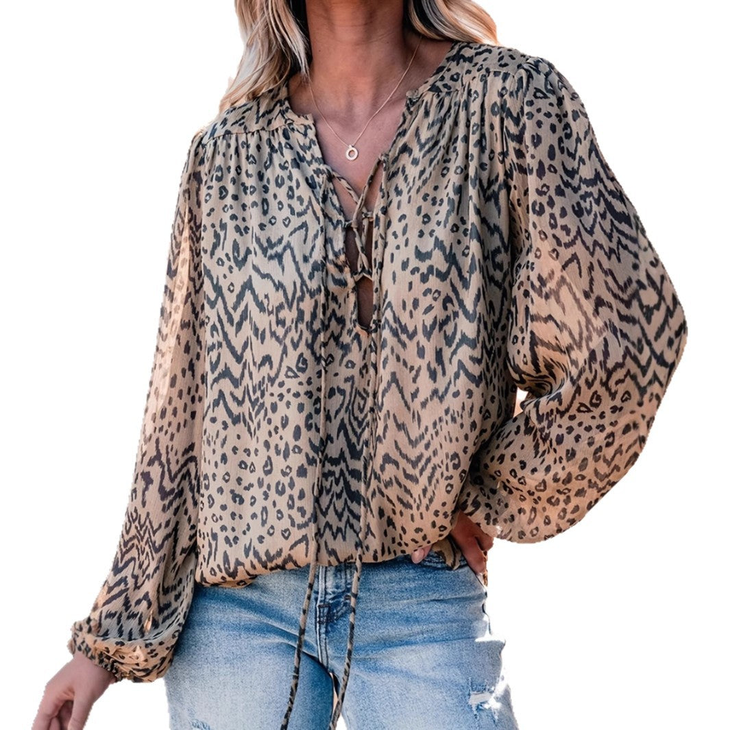 Dame Flydende Safari-Print-Bluse med Bindebånd Stilla
