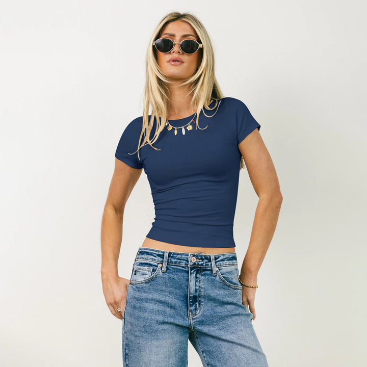 Dame figurtilpasset Basic-T-shirt i ribstrikdesign med korte ærmer Stilla