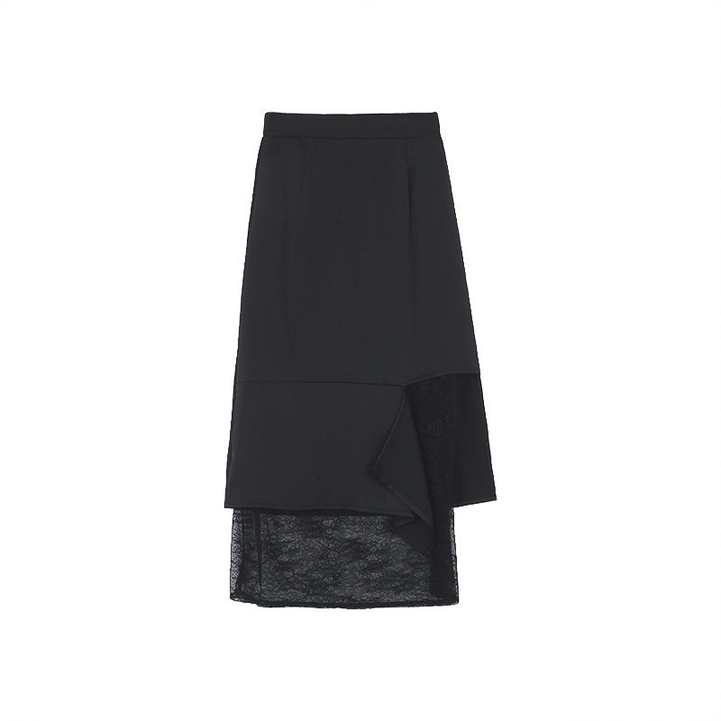 Dame Midi-nederdel i satiniseret lace med asymmetrisk kant og betagende flæsedetaljer Stilla