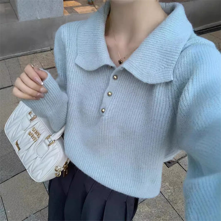 Dame Elegant Polo Krave Sweater lavet af Blødt Strik Stilla