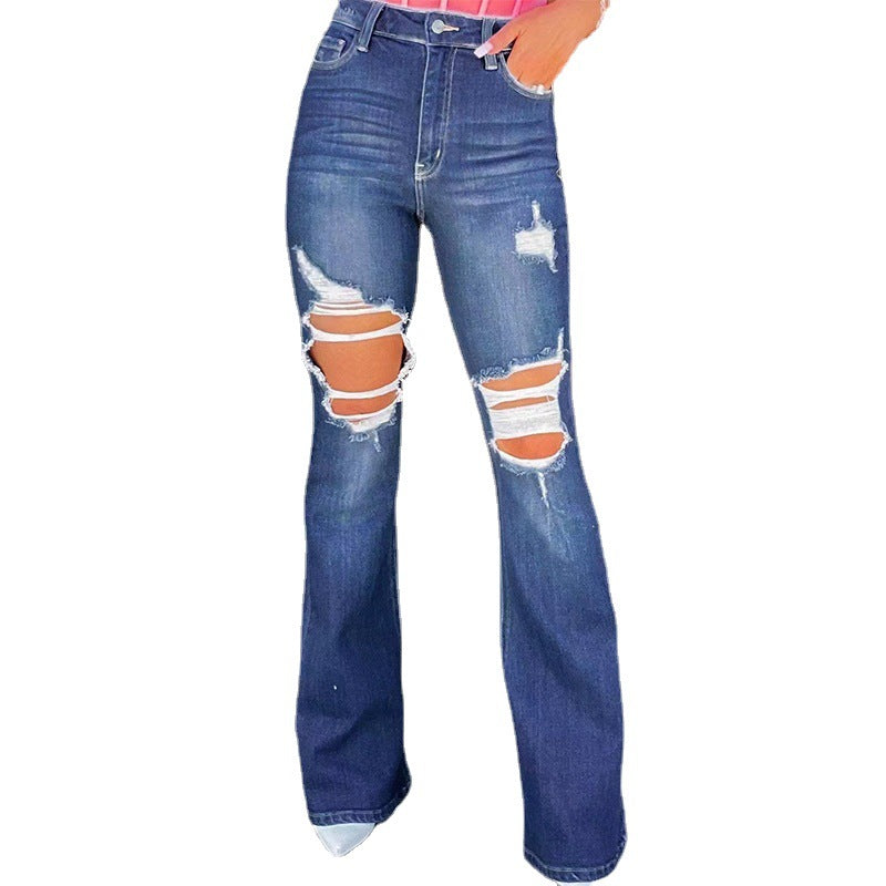 Kvinders Flared Jeans i Ødelagt Udseende med Høje Lommer og Frayed Kant Stilla