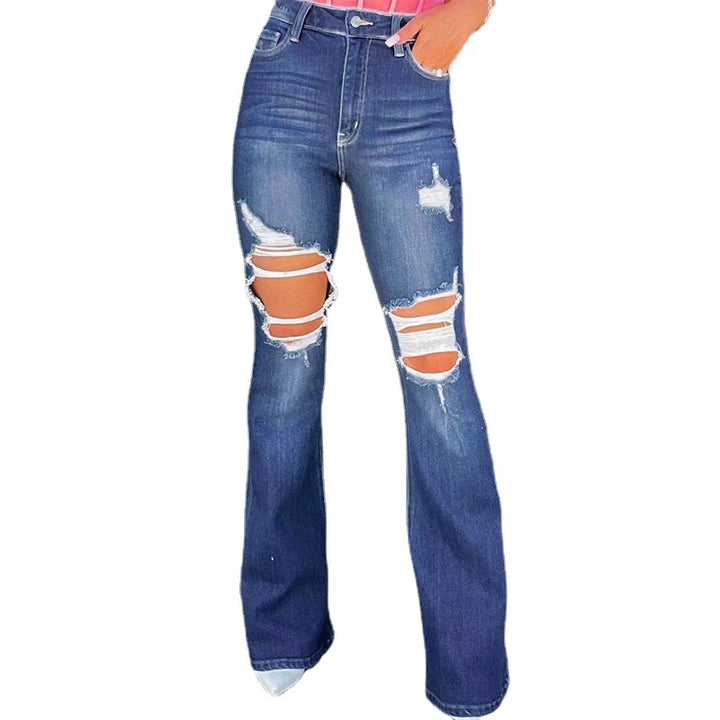 Kvinders Flared Jeans i Ødelagt Udseende med Høje Lommer og Frayed Kant Stilla