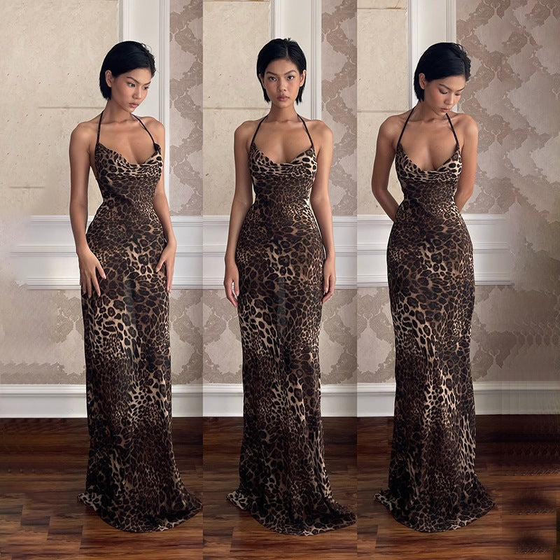 Dame Elegant Rygfri Maxi Kjole med Leopardmønster Stilla
