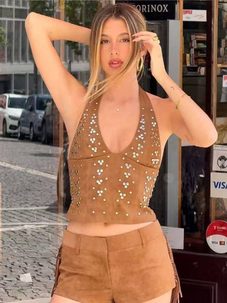 Dame tanktop med glitrende strass-applikationer Stilla