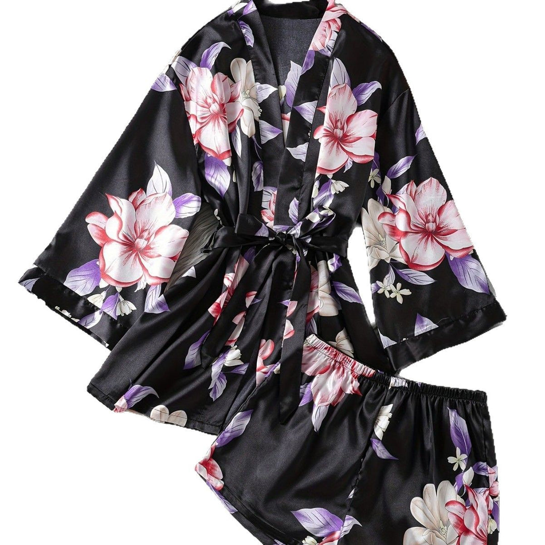 Dame Floral Satin Kimono og Shorts Sæt Stilla