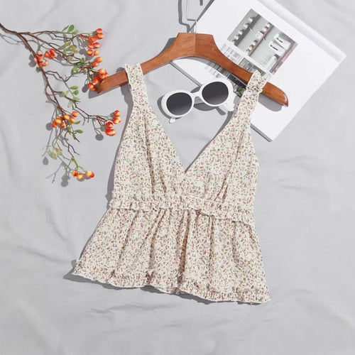 Dame bluse top med blomster rynket kant og V-hals Stilla