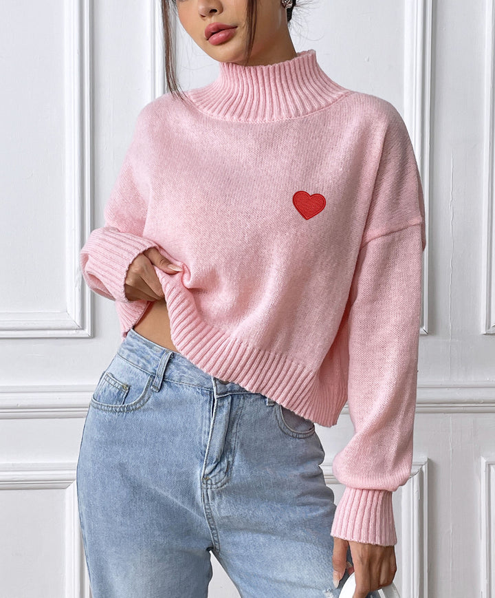 Dame hyggelig turtleneck sweater med hjerteapplikation Stilla