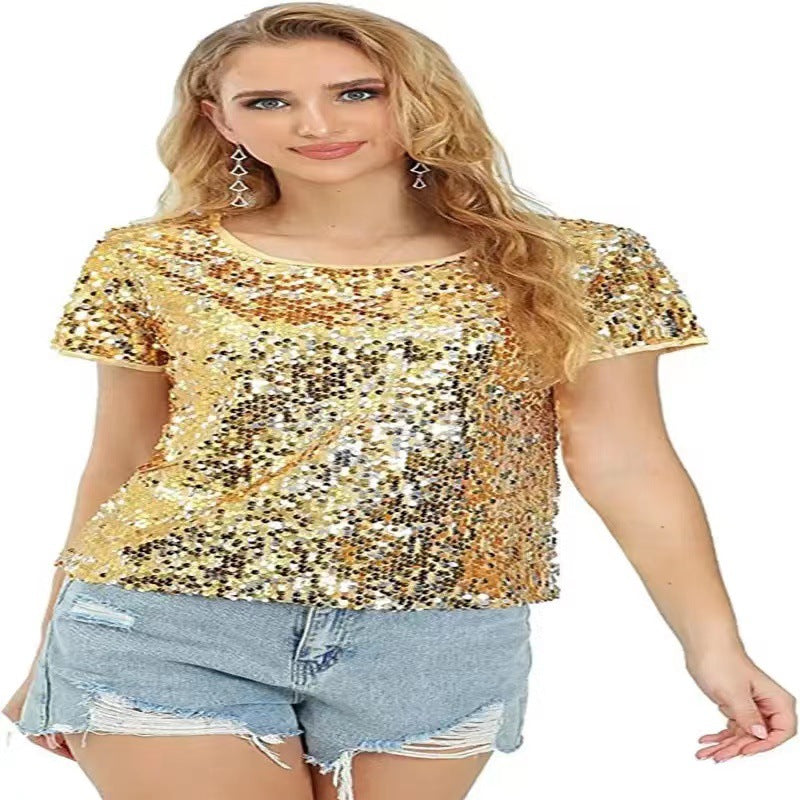 Kvinder Glitrende Paillet T-Shirt med Casual Snit og Behageligt Bomuldsmateriale Skovae