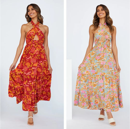 Dame Halter Neck Floral Maxi Kjole med Lagdelt Nederdel Stilla