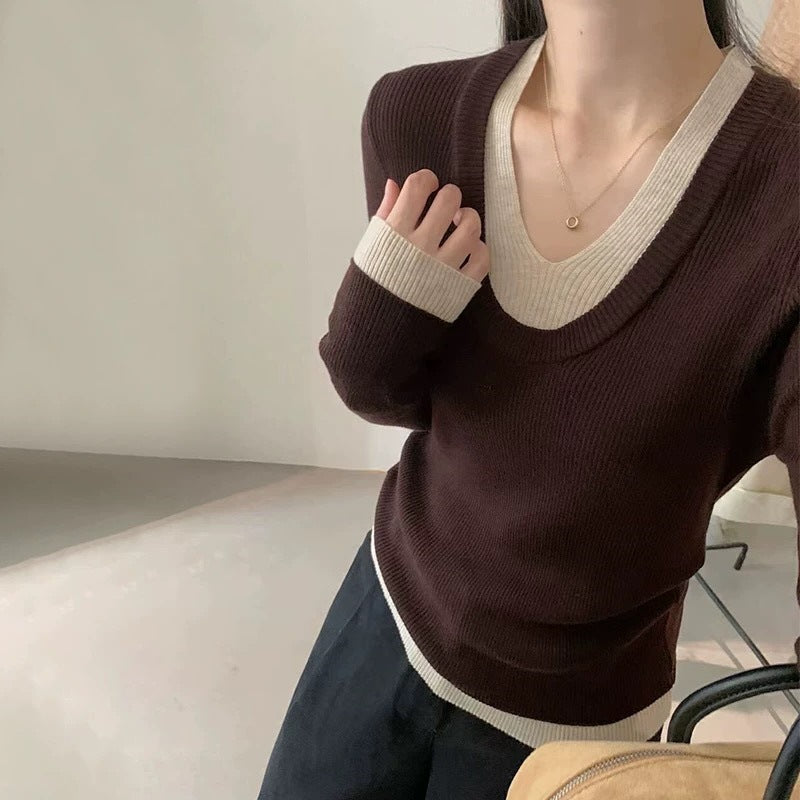Damer V-hals finstrikket sweater med kontrastmanchetter Stilla