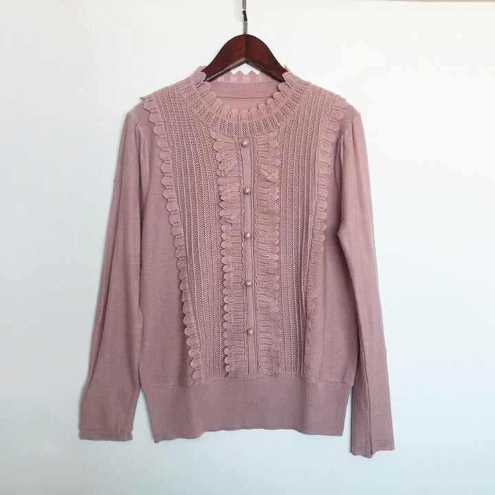 Dame elegant strikpullover med flæse detaljer og perleknap lukning Stilla