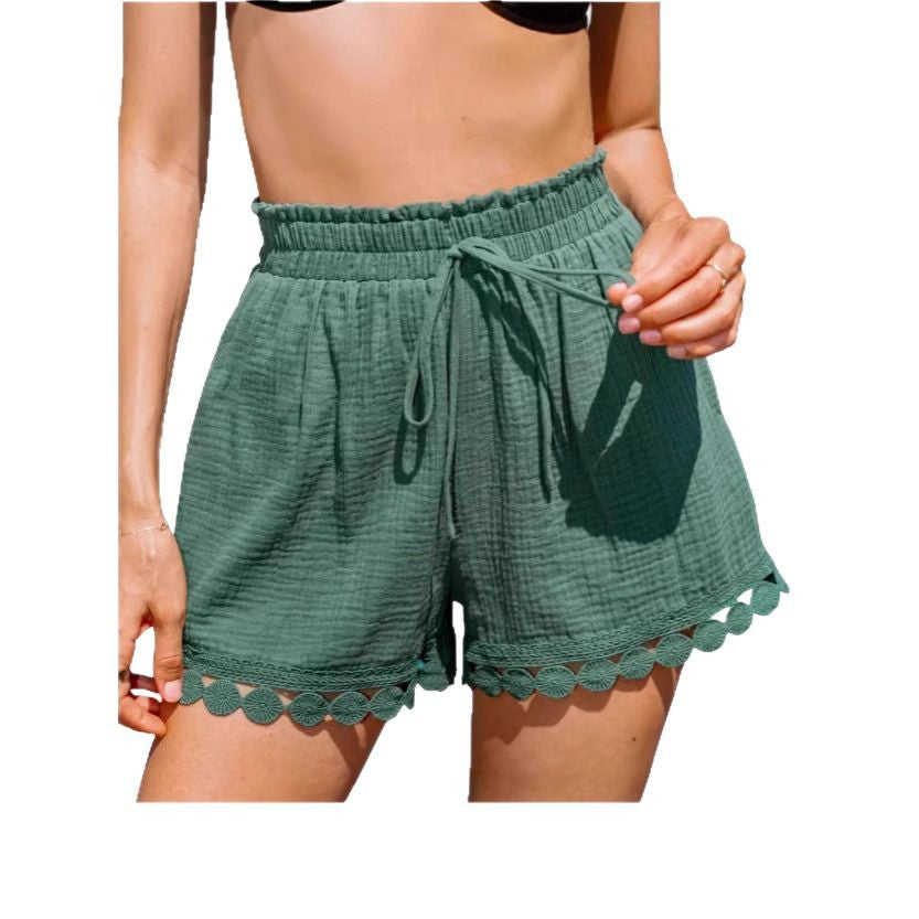 Dame løs shorts med elastisk talje og dekorativ hækleafslutning Stilla