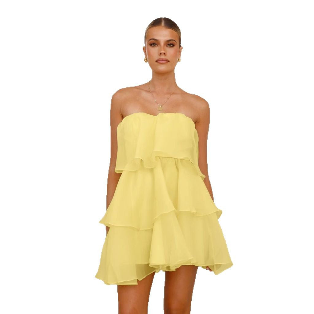Dame legende chiffon kjoler med svingende volanger og off-shoulder design