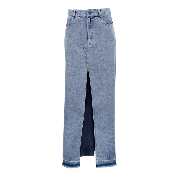 Dame Denim-maxikjole med sidelids og frynset kant Stilla