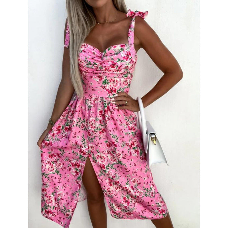 Dame sommerkjole med blomsterdesign og legende bundet stropper Skovae
